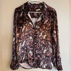 Dylan Floral Velvet Button Down Shirt Brown Tan Earthy Boho Blouse Medium M
